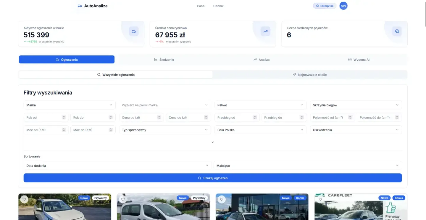 AutoAnaliza - analiza rynku motoryzacyjnego z modelem AI (widok desktop)