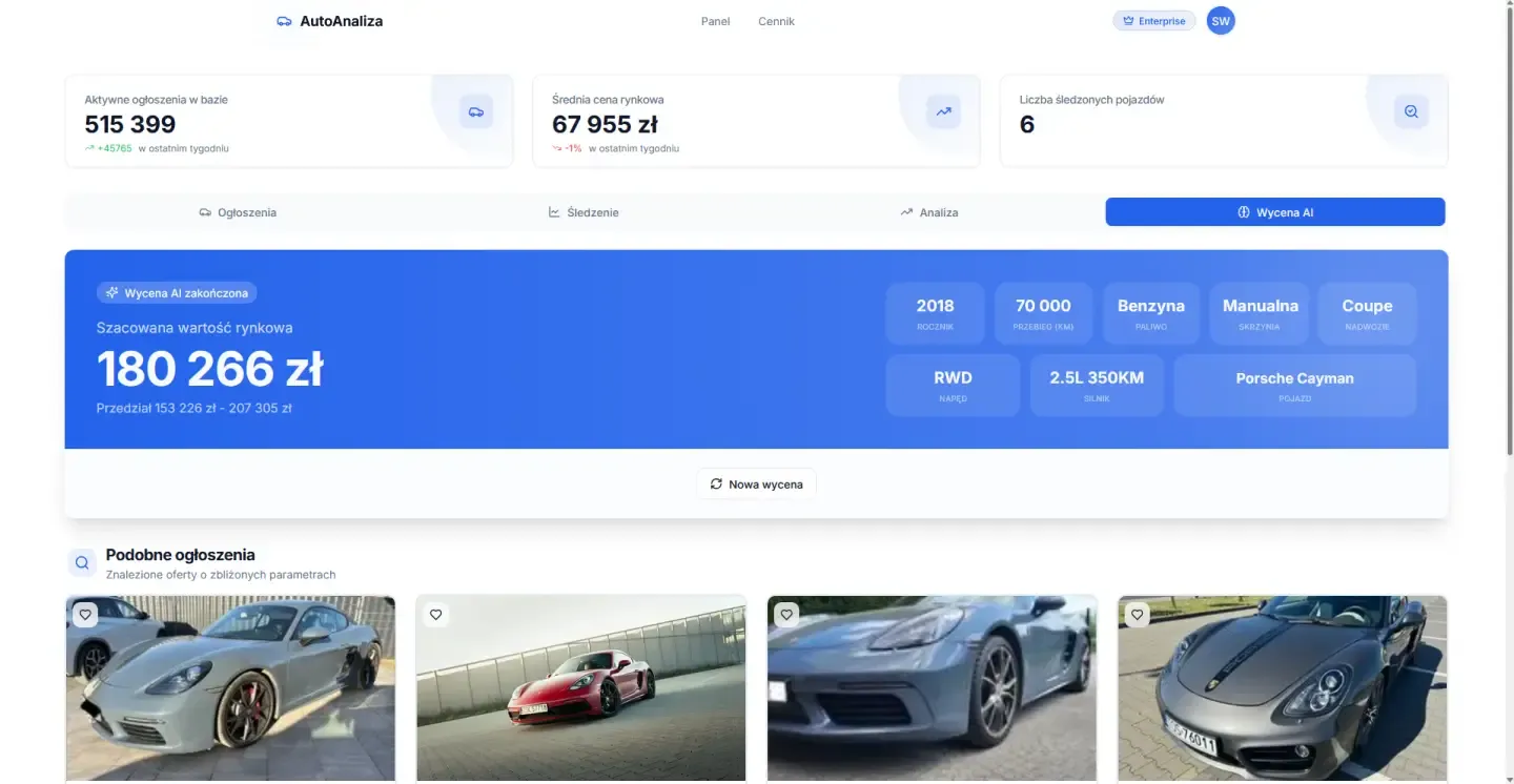 AutoAnaliza - wynik wyceny AI z przedziałem wartości rynkowej