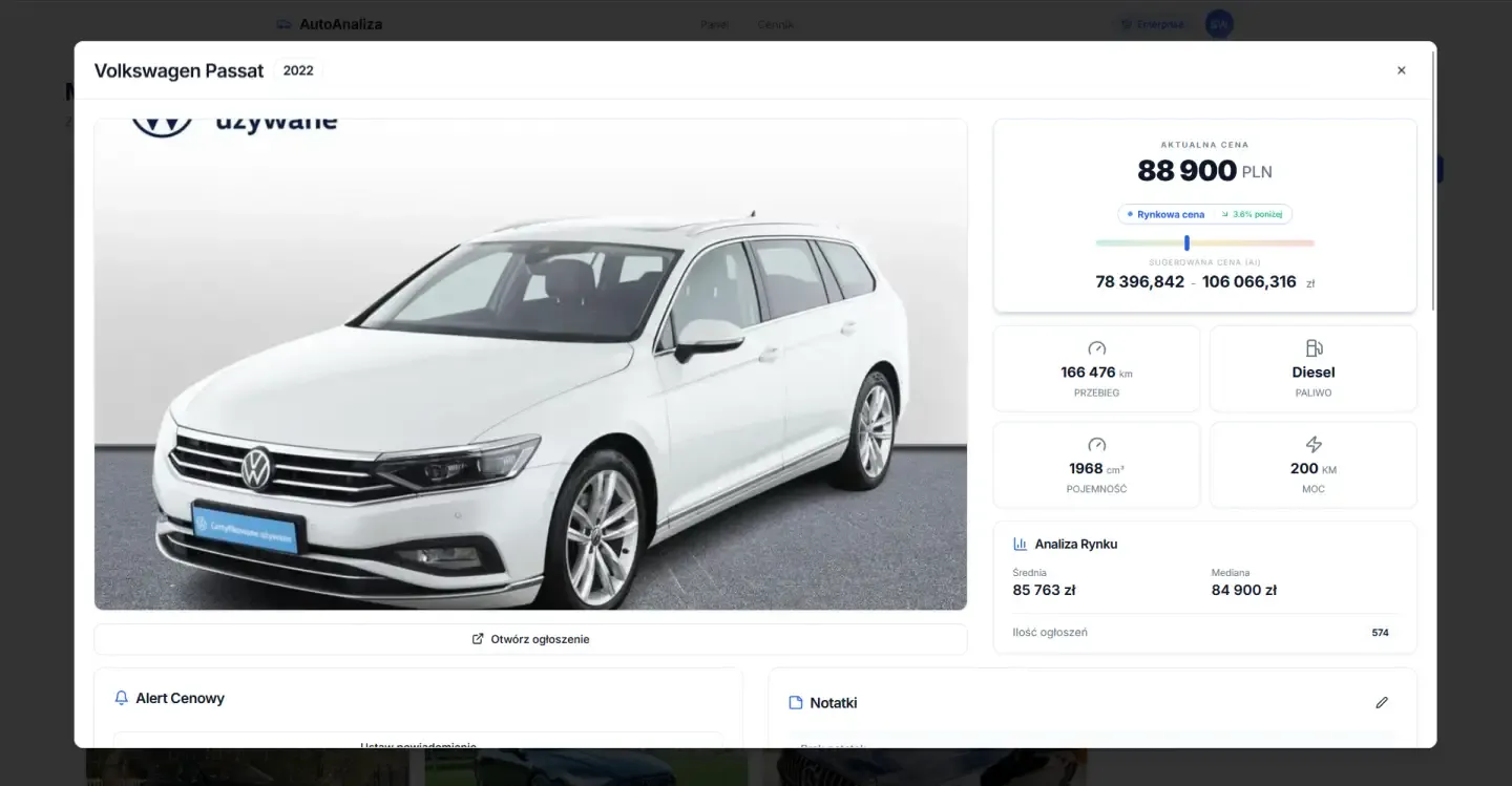AutoAnaliza - pozycja ceny ogłoszenia na tle rynku z alertem cenowym
