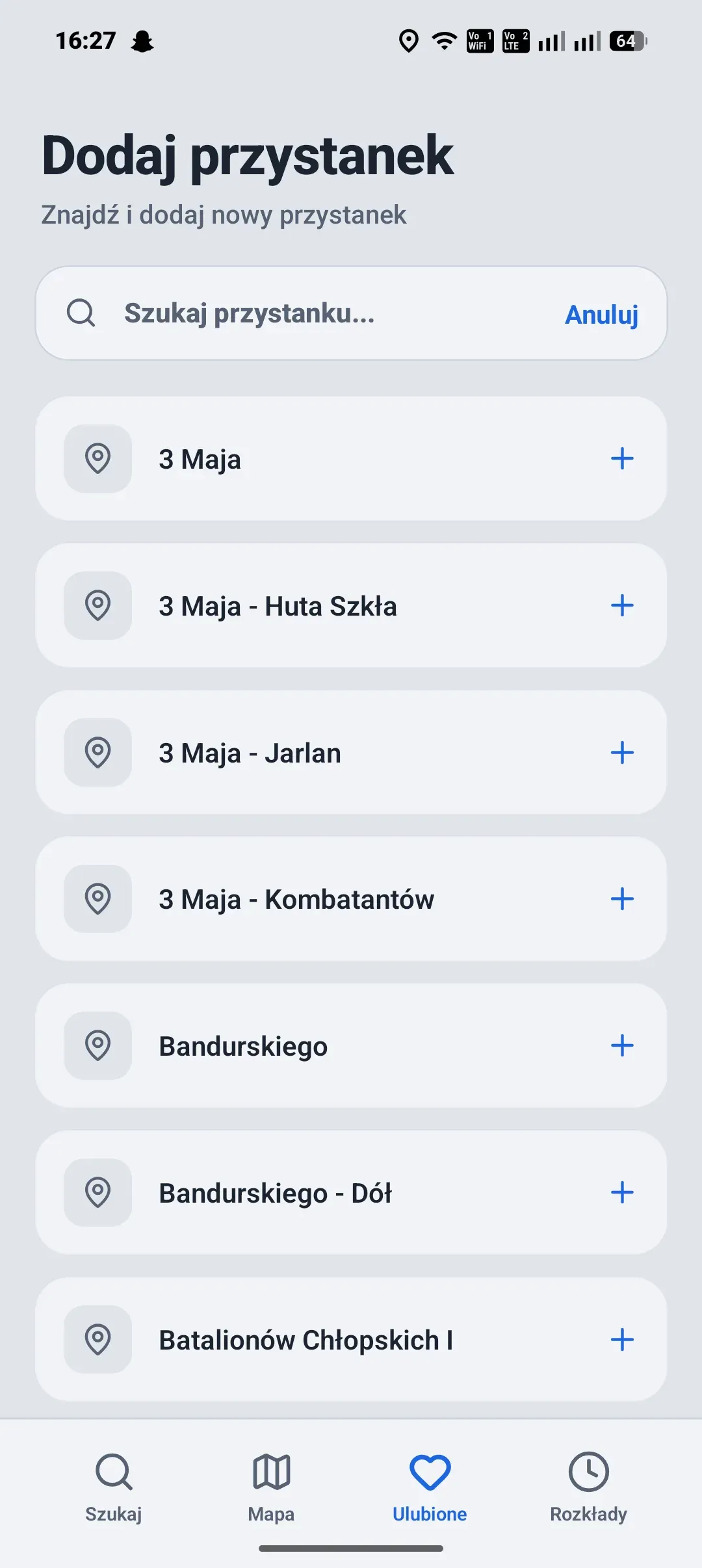 Aplikacja autobusowa - dodawanie przystanku do ulubionych z alfabetycznej listy przystanków