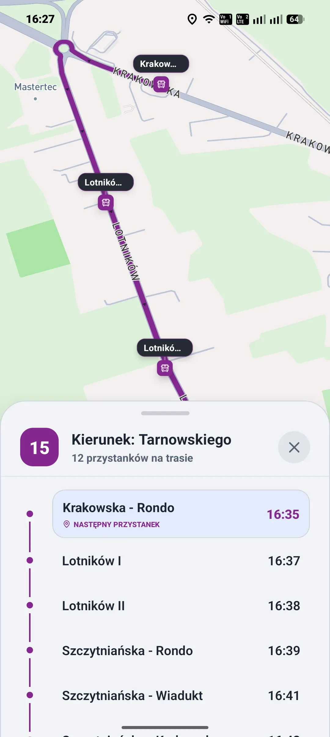Aplikacja autobusowa - trasa linii 0 na mapie z listą przystanków i godzinami odjazdów