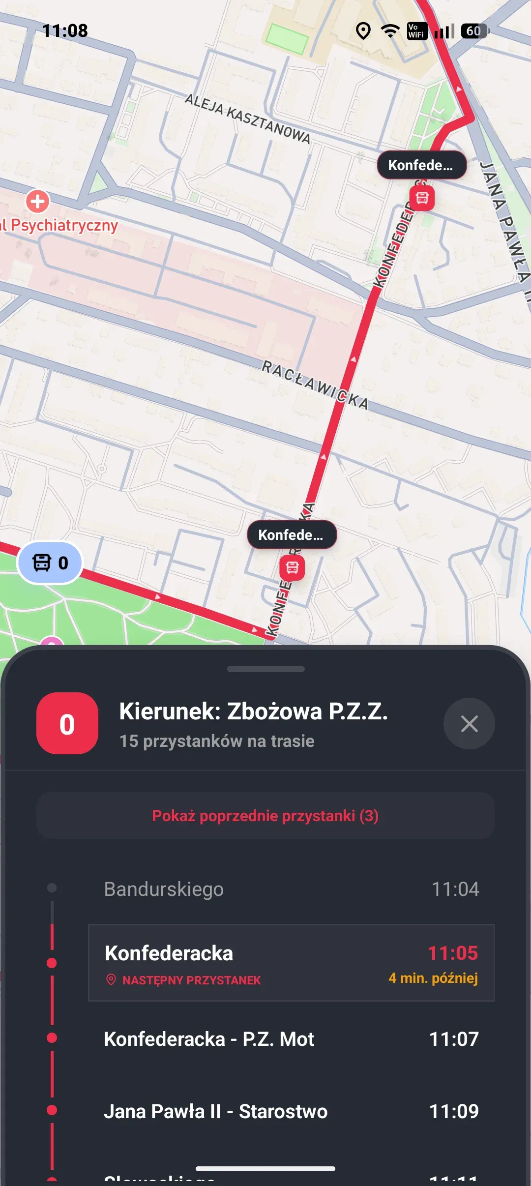 Aplikacja autobusowa - autobus jadący na żywo po trasie linii 0 z aktualną pozycją na mapie