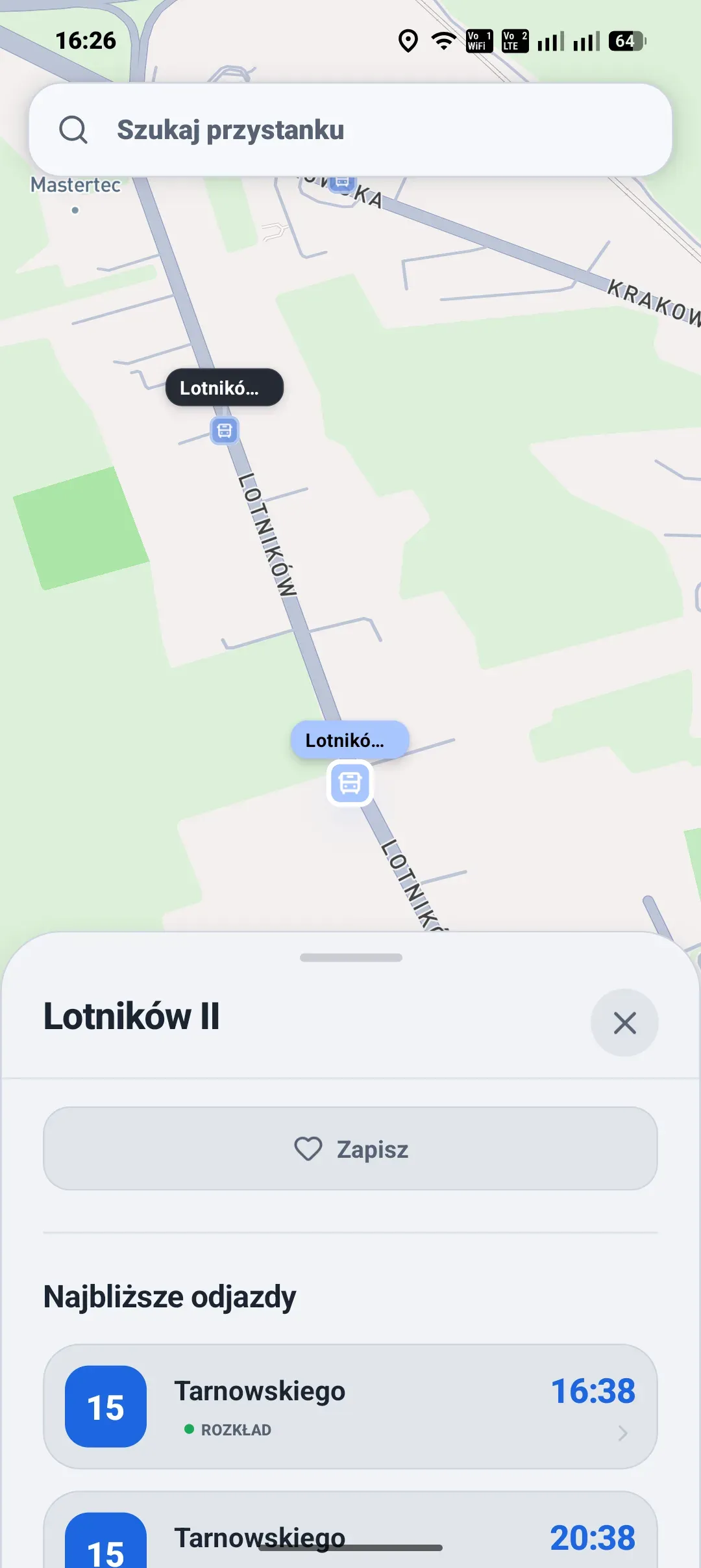 Aplikacja autobusowa - szczegóły przystanku Lotników II z przyciskiem „Zapisz” i najbliższymi odjazdami linii 15