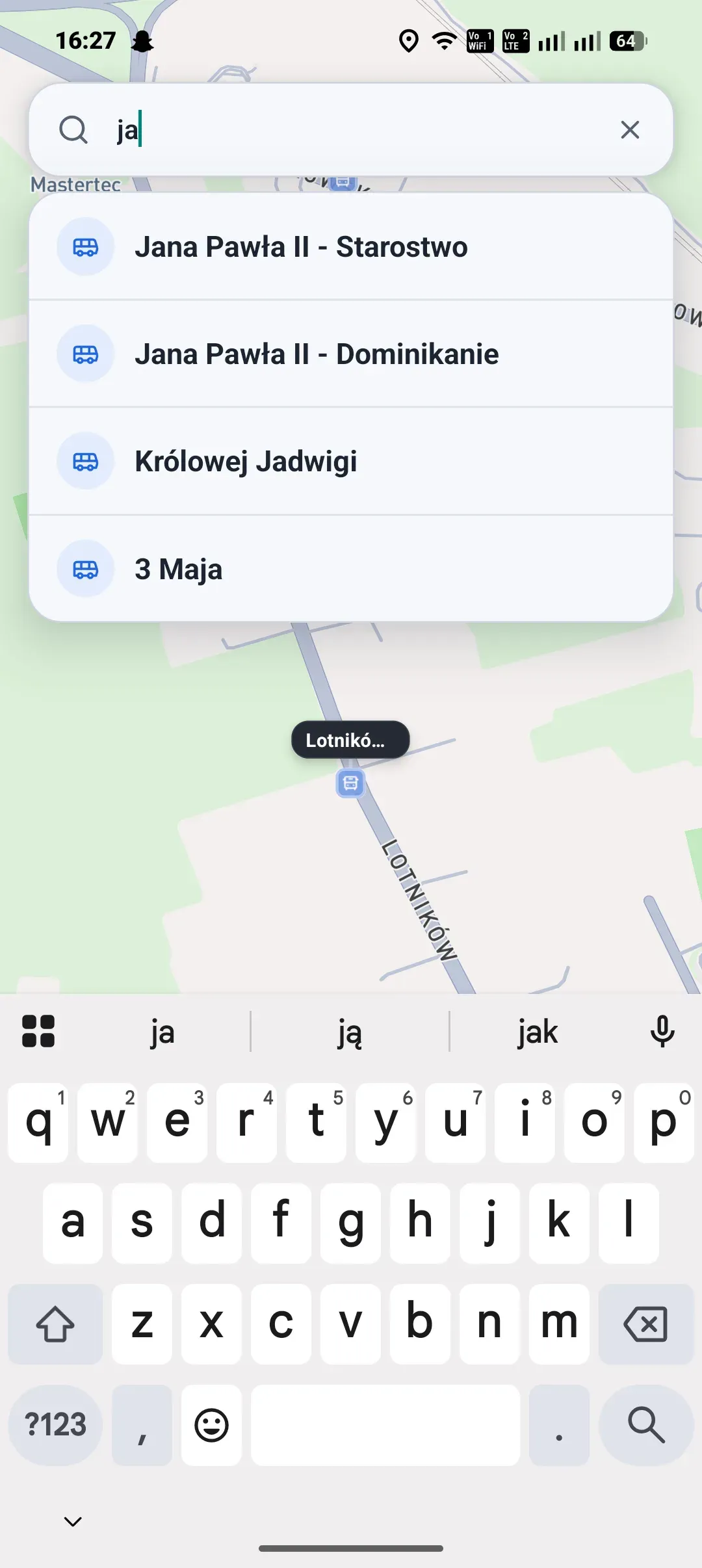 Aplikacja autobusowa - wyszukiwanie przystanku bezpośrednio na mapie z listą podpowiedzi