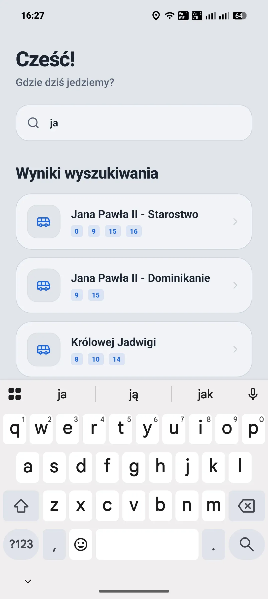 Aplikacja autobusowa - wyszukiwarka przystanków z podpowiedziami i numerami linii na ekranie głównym