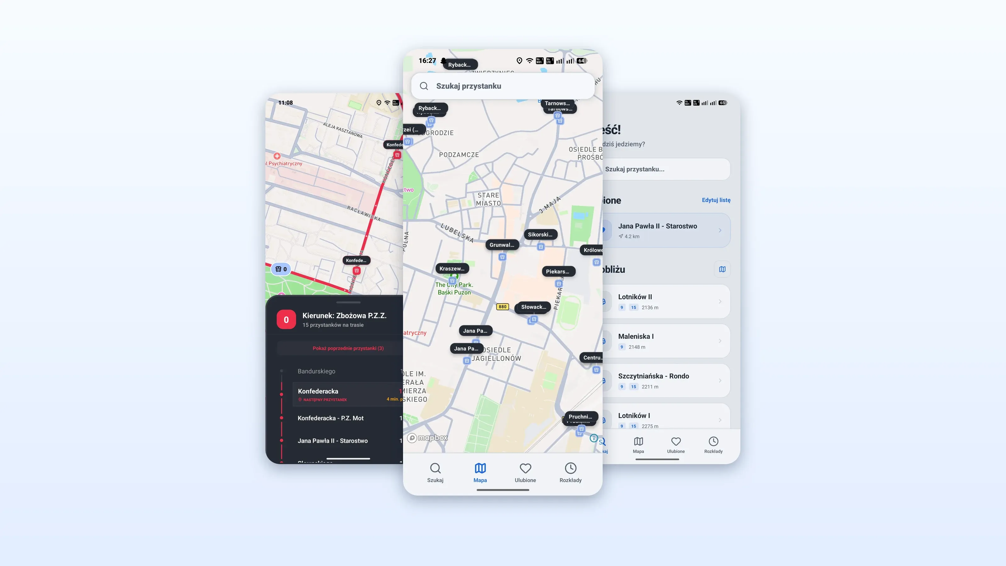 Aplikacja autobusowa - trzy ekrany telefonu obok siebie: żywa mapa miasta, śledzony autobus z informacją o opóźnieniu i ekran główny z ulubionymi przystankami