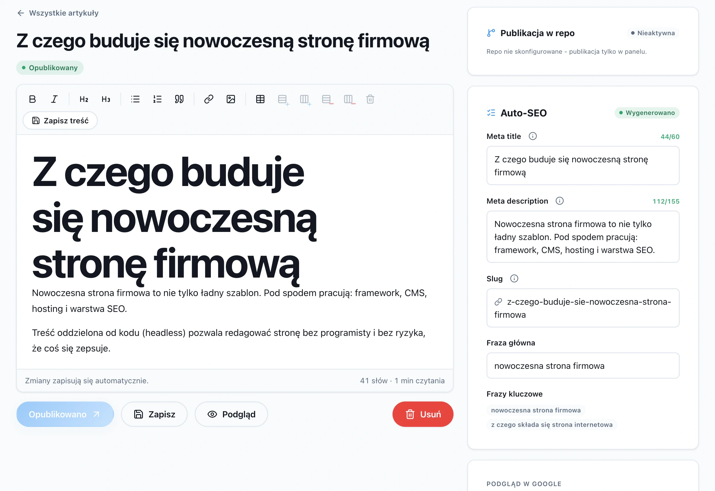 Edytor artykułu z panelem Auto-SEO: meta title, meta description, slug i frazy kluczowe wypełnione automatycznie