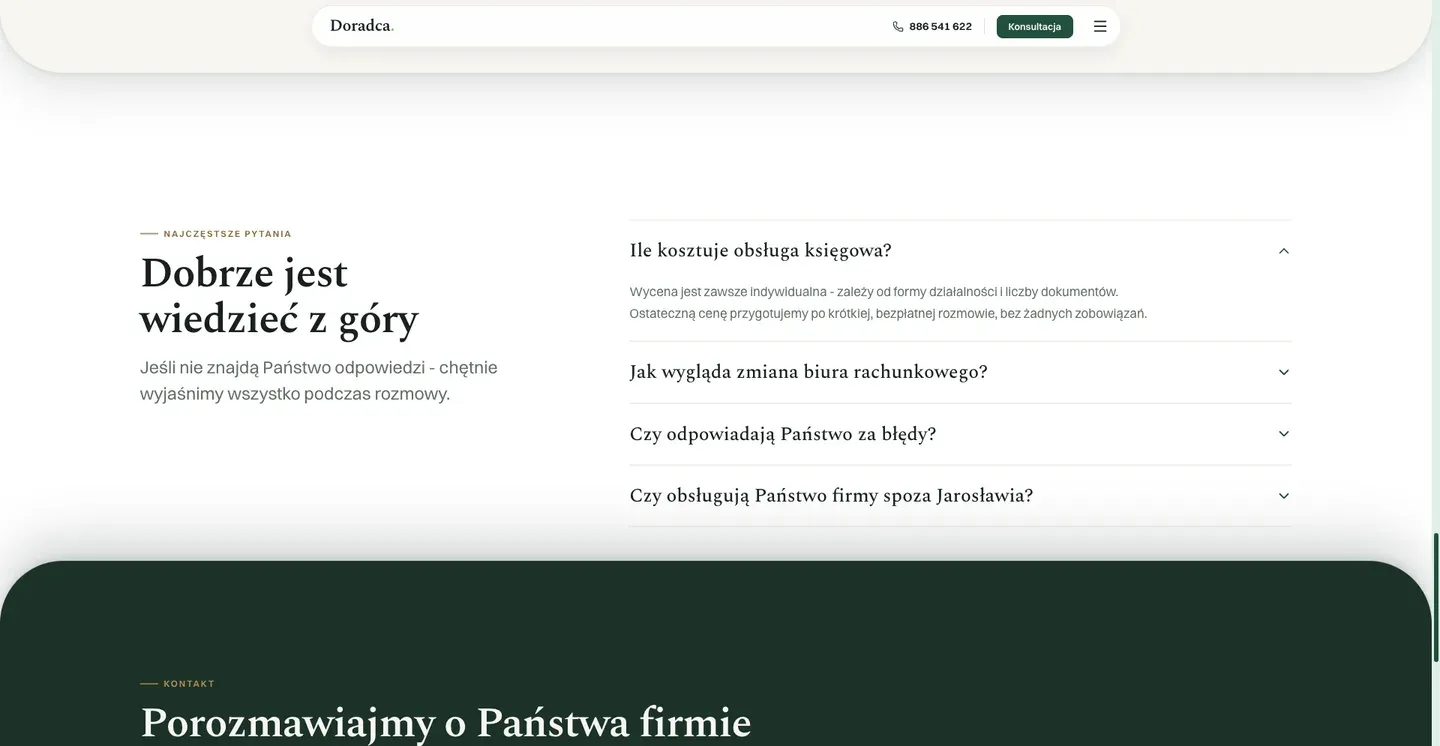 Biuro Rachunkowe Doradca - sekcja najczęstszych pytań z rozwijanymi odpowiedziami