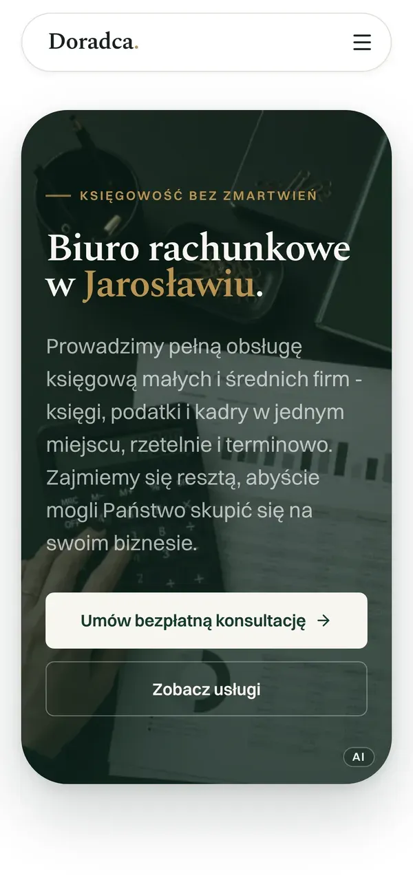 Biuro Rachunkowe Doradca - widok mobilny z hasłem księgowość bez zmartwień