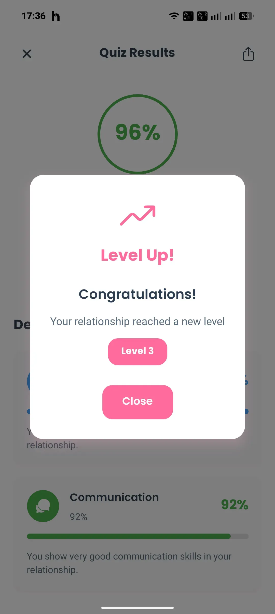 Luvio - okno Level Up po ukończonym quizie: gratulacje i informacja o osiągnięciu nowego poziomu związku (poziom 3)
