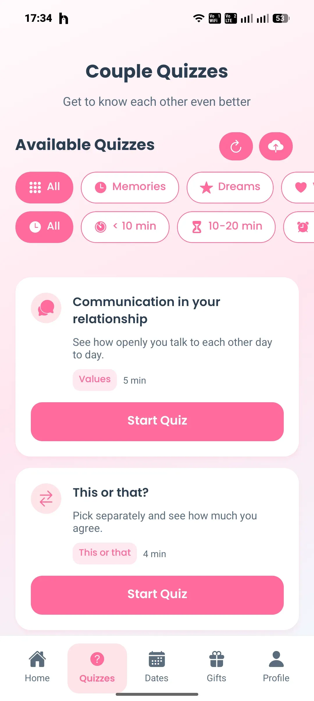 Luvio - katalog quizów dla par z filtrami tematów i czasu trwania oraz kartami quizów z etykietą czasu i przyciskiem rozpoczęcia