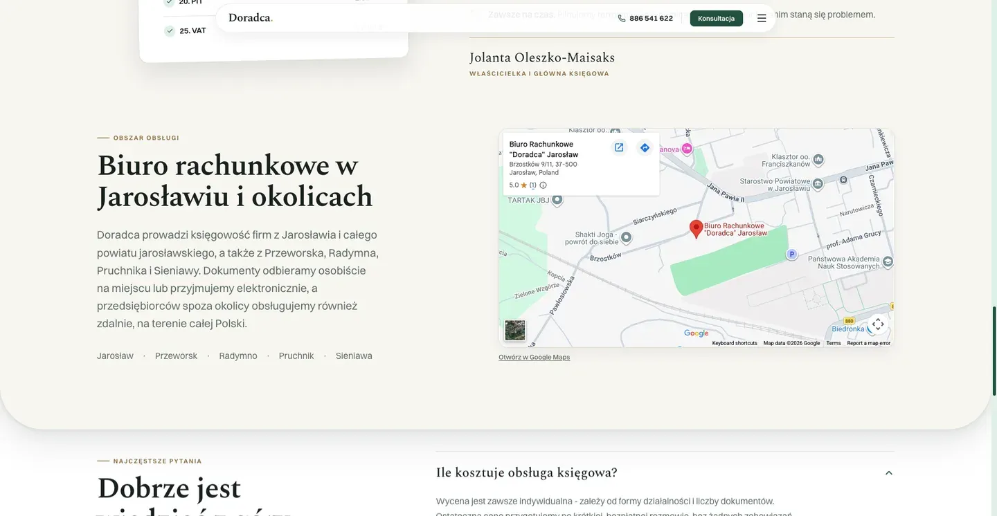 Biuro Rachunkowe Doradca - sekcja obszaru obsługi z listą miejscowości i mapą dojazdu