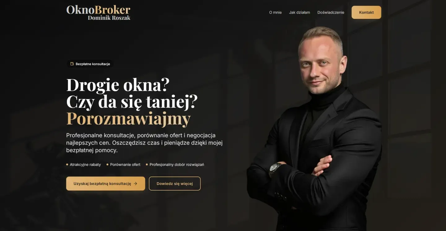 Landing page OknoBroker - pośrednik sprzedaży okien (widok desktop)