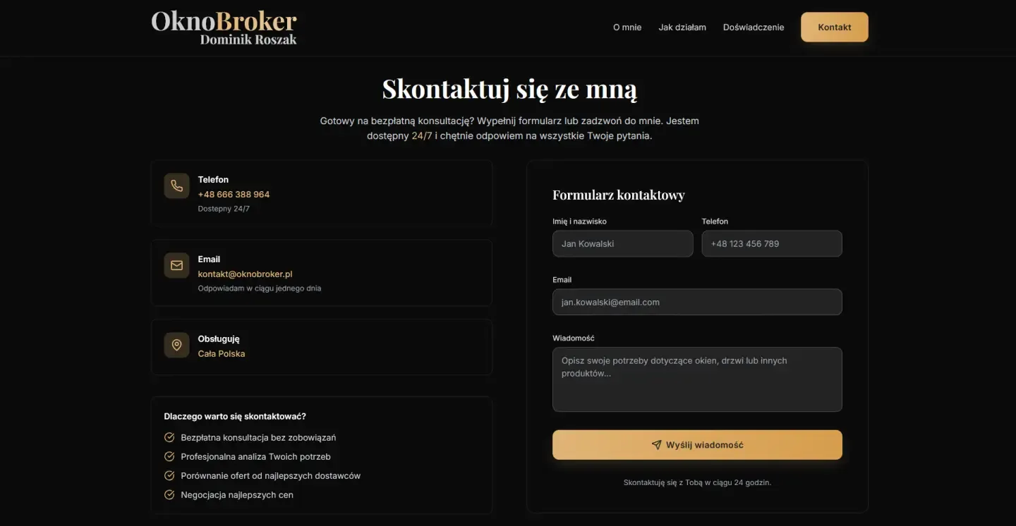 OknoBroker - sekcja kontaktu z formularzem wyceny