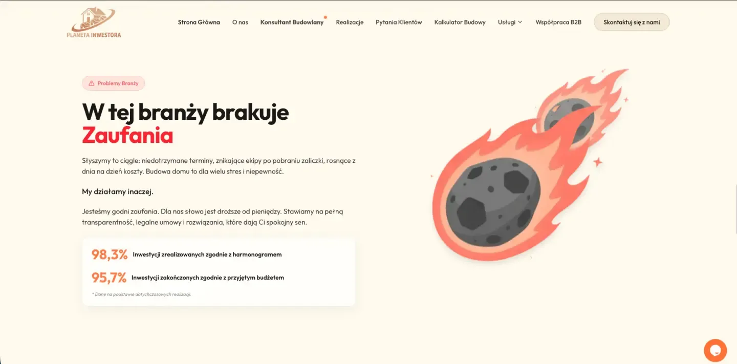 Planeta Inwestora - sekcja zaufania z wynikami terminowości i budżetu
