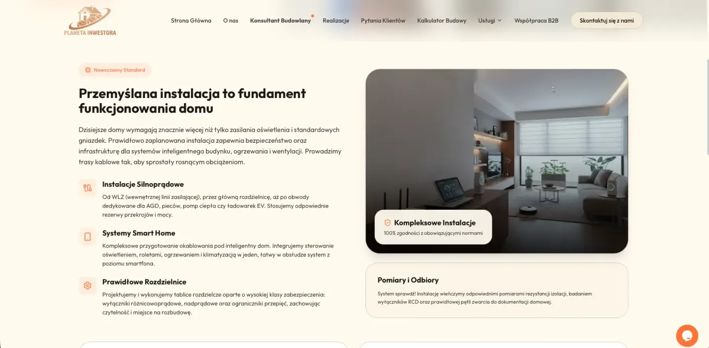 Planeta Inwestora - podstrona usługi (instalacje i smart home)