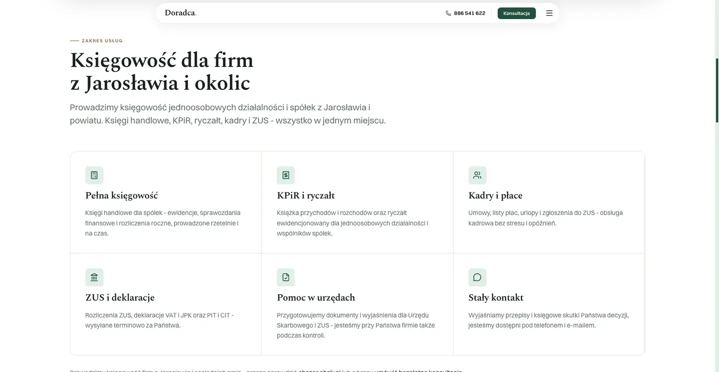 Biuro Rachunkowe Doradca - siatka sześciu kart z zakresem usług księgowych